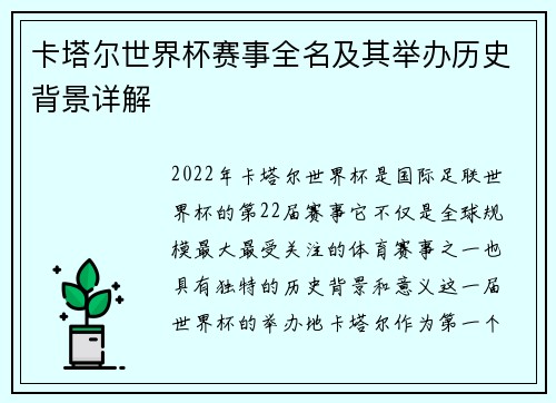卡塔尔世界杯赛事全名及其举办历史背景详解